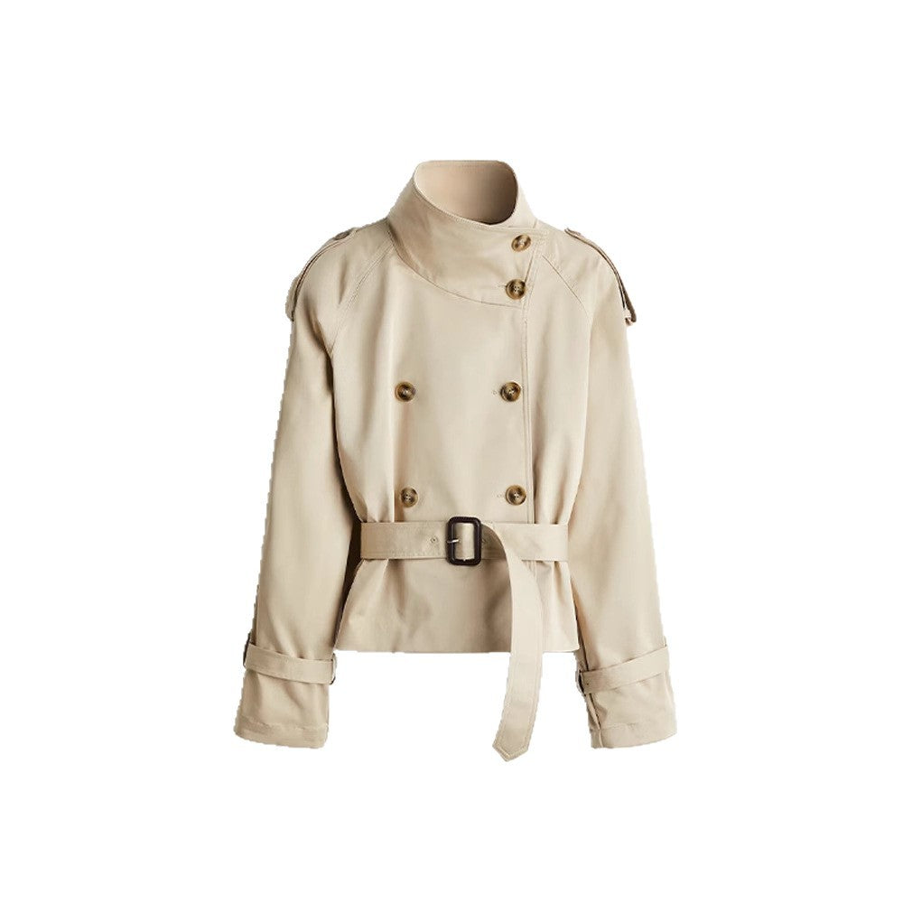 Damen trendige Kurzjacke im modernen Trenchcoat-Stil mit breitem Kragen und Taillengürtel Heidi-Mode