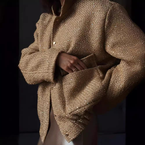 Damen Glamouröse Glitzerjacke mit oversized Schnitt und modischen Taschen Heidi-Mode
