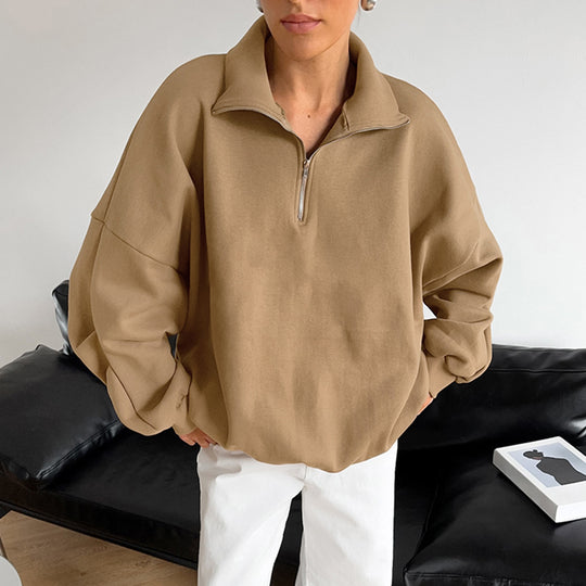 Damen lässiger Oversized Pullover mit Reißverschluss Heidi-Mode