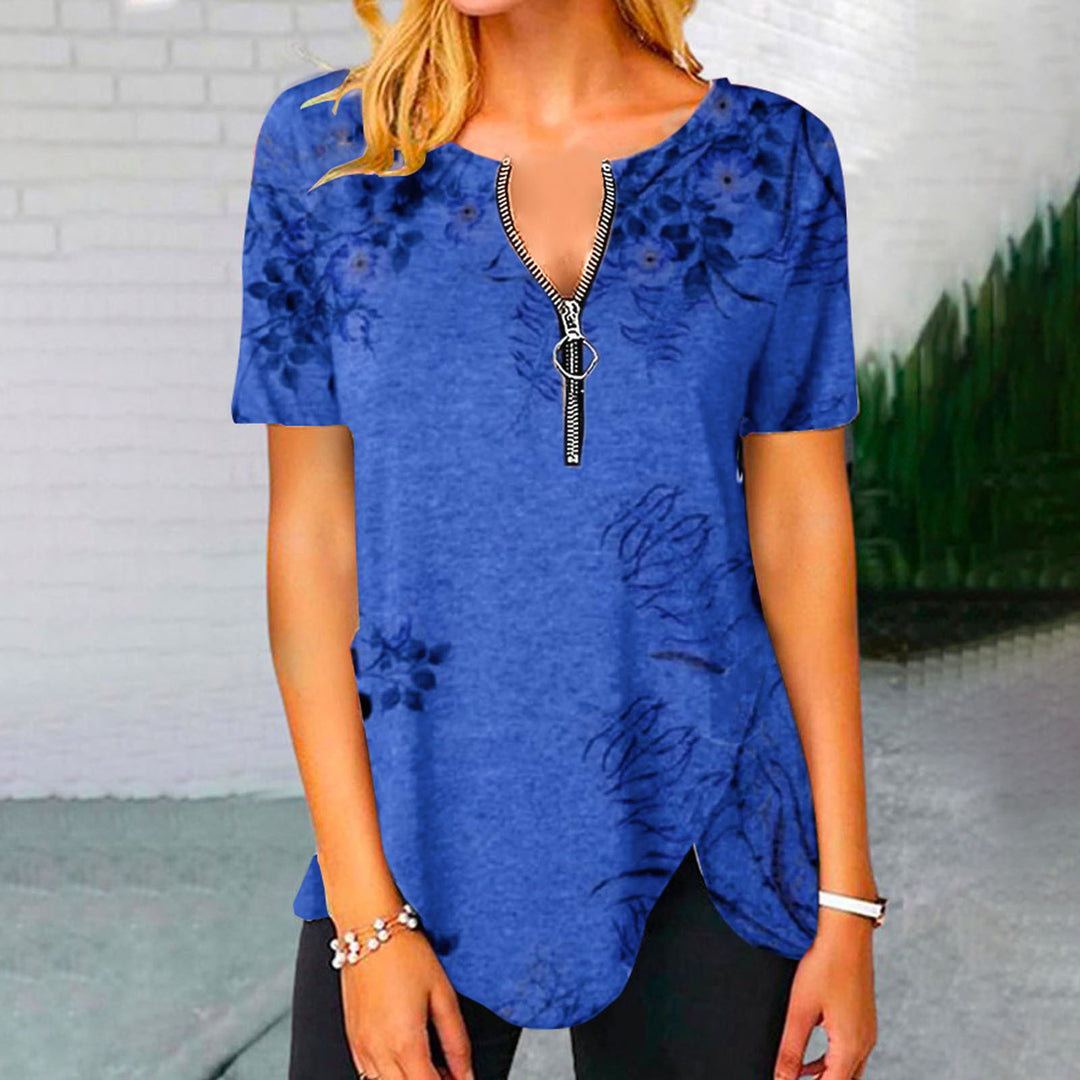 Damen T-Shirt mit halbgeschlossenem Reißverschluss und floralem Muster Heidi-Mode