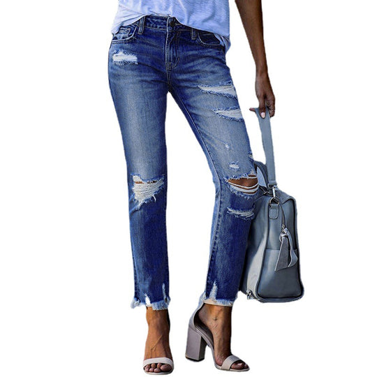Damen Ripped High-Waist Jeans mit fransigem Saum und modischen Destroyed-Details Heidi-Mode