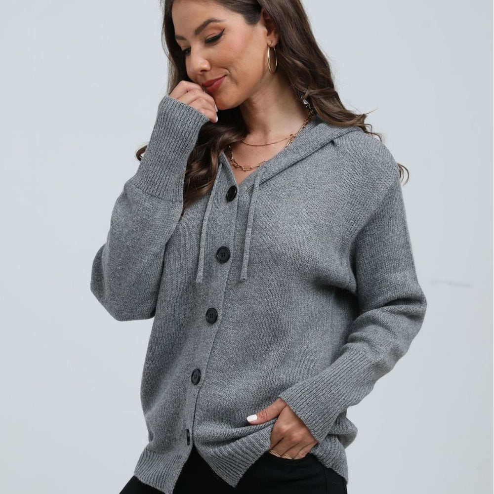 Damen lässige Strickjacke mit Kapuze und Knopfverschluss Heidi-Mode