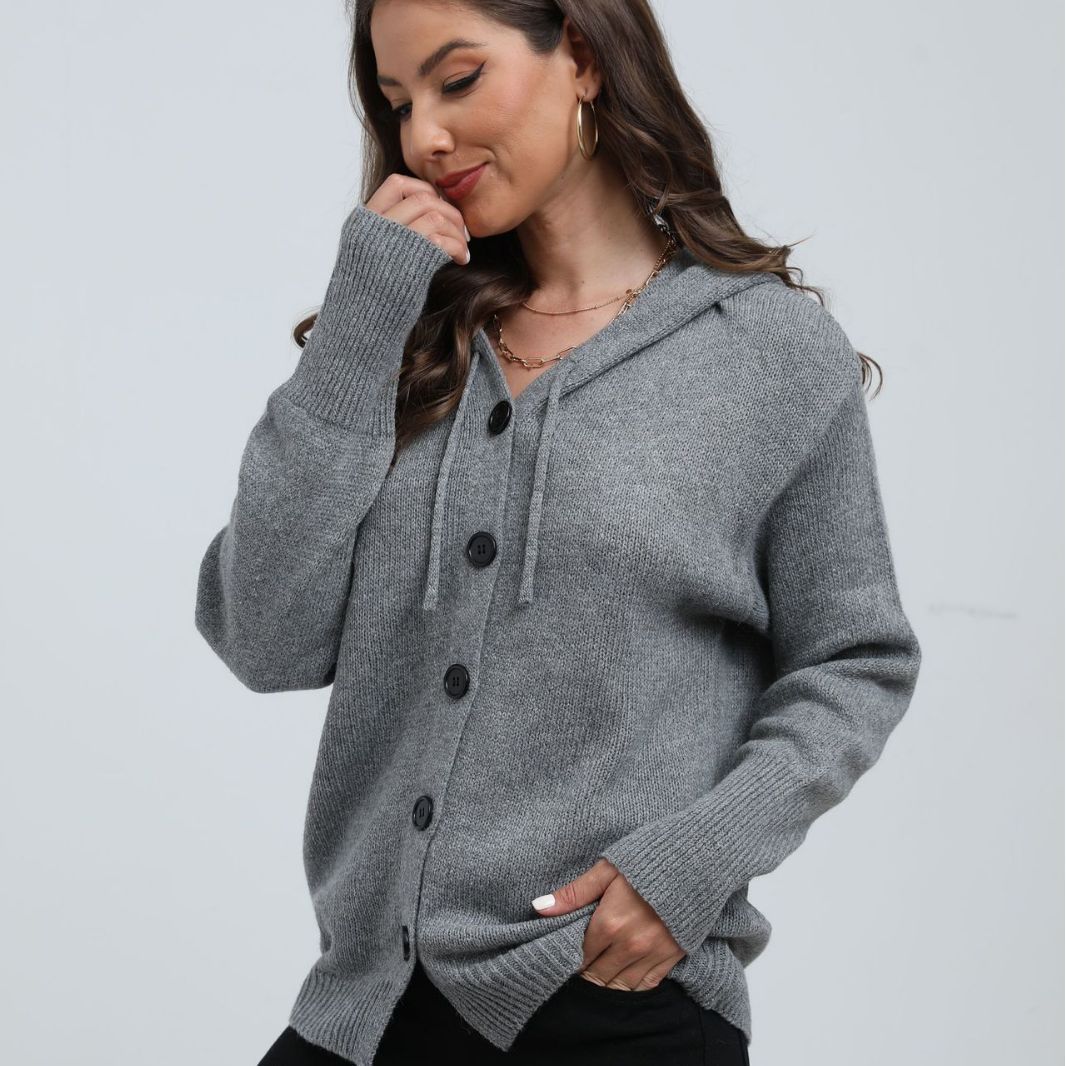 Damen lässige Strickjacke mit Kapuze und Knopfverschluss Heidi-Mode