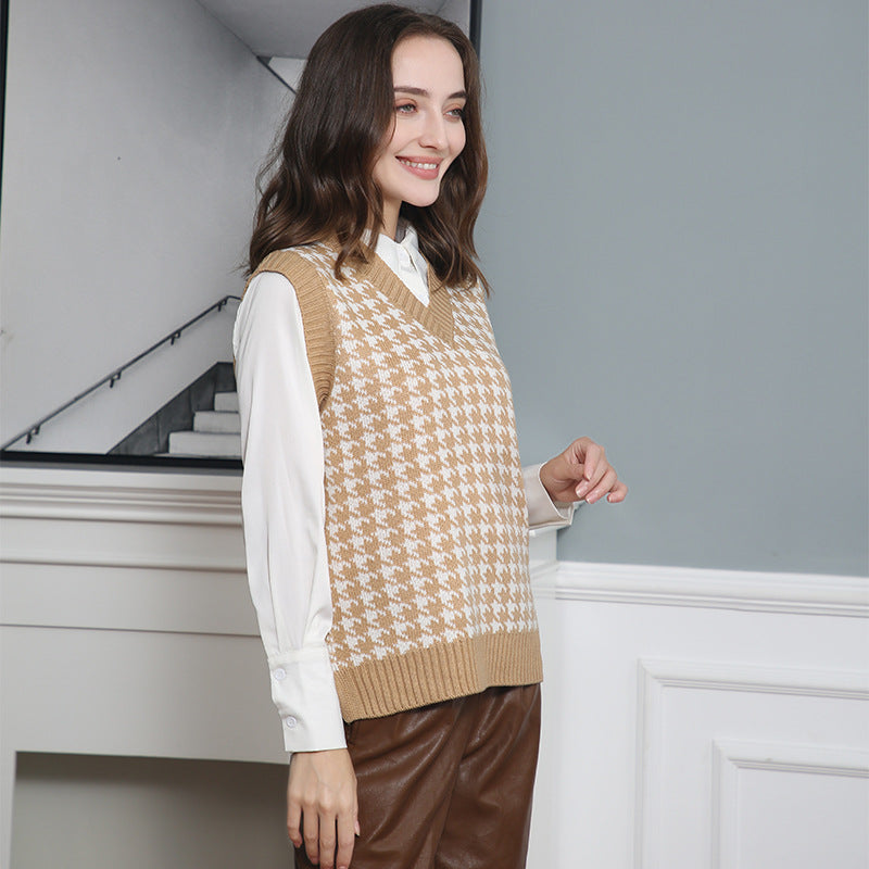 Damen ärmellose Strickweste mit modernem Hahnentrittmuster Heidi-Mode