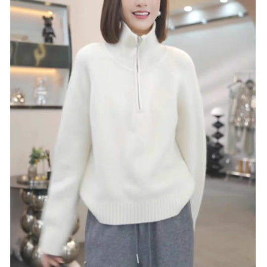 Damen Strickpullover mit hohem Kragen und praktischem Reißverschluss Heidi-Mode