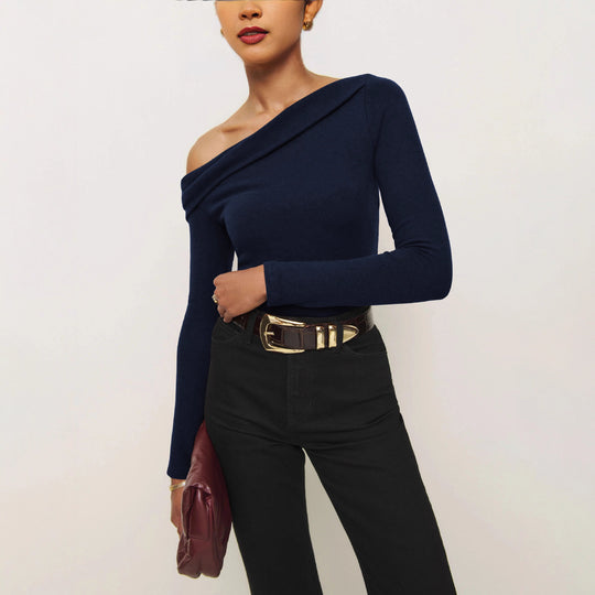 Damen Elegantes Langarmoberteil mit schrägem Ausschnitt und figurbetontem Schnitt Heidi-Mode