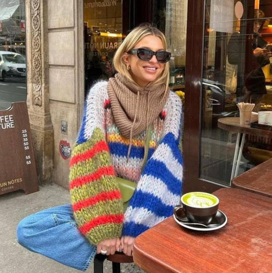 Damen Grobstrickpullover mit buntem Zopfmuster und weitem Schnitt Heidi-Mode