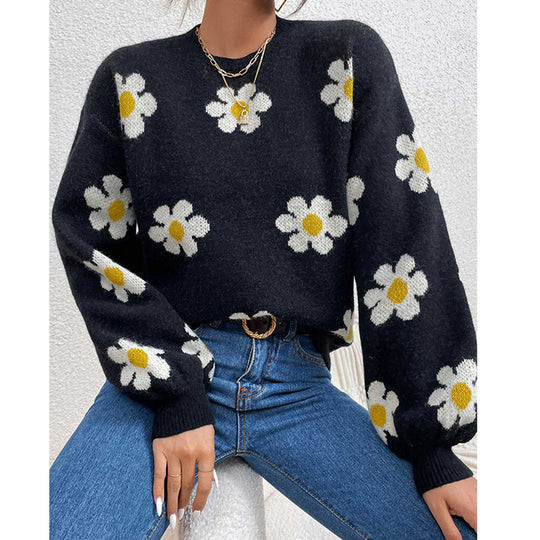 Damen Pullover mit floralem Muster und voluminösen Ärmeln Heidi-Mode