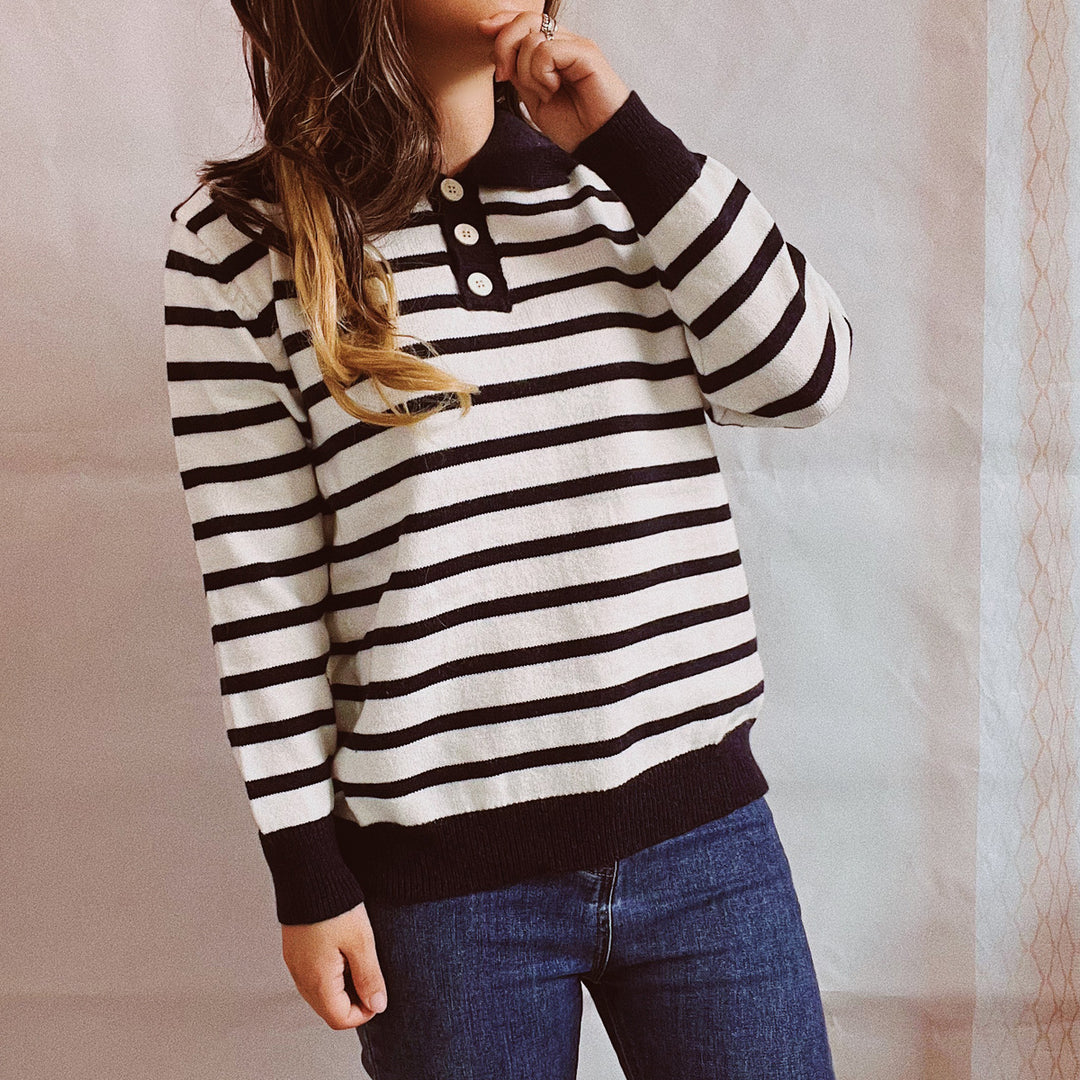 Damen legerer Streifenpullover mit Knopfleiste und weitem Schnitt Heidi-Mode