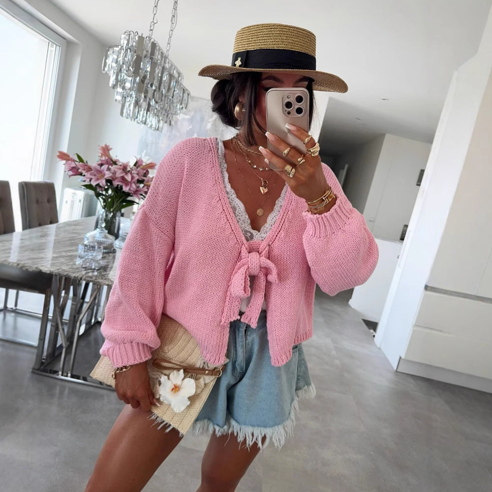 Damen lässige Strickjacke mit Bindeverschluss und weiten Ärmeln Heidi-Mode