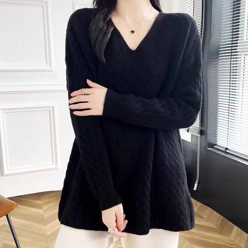 Damen Grobstrickpullover mit V-Ausschnitt und lässigem Schnitt Heidi-Mode
