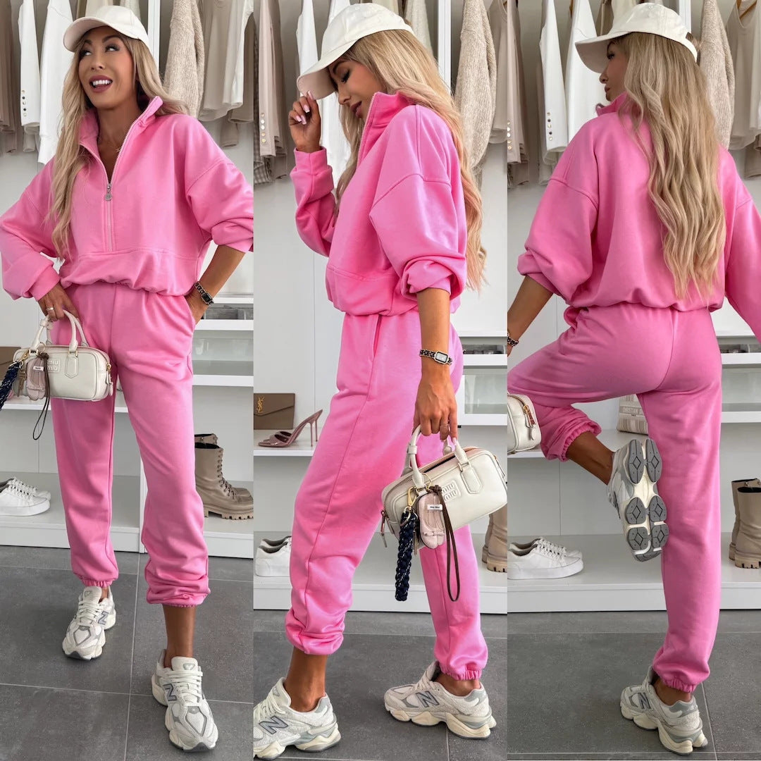Damen Sportlicher Hoodie mit halbem Reißverschluss und bequemen Jogginghosen Heidi-Mode