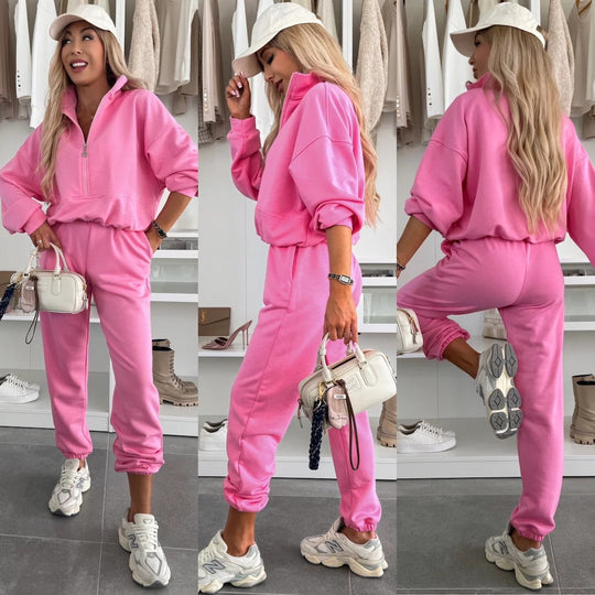 Damen Sportlicher Hoodie mit halbem Reißverschluss und bequemen Jogginghosen Heidi-Mode