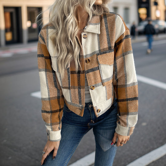 Damen Karierte Baumwolljacke mit modischem Schnitt und Taschen Heidi-Mode