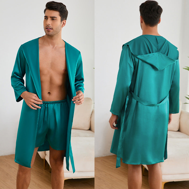 Herren Satin Bademantel mit praktischem Kapuzen-Design Heidi-Mode