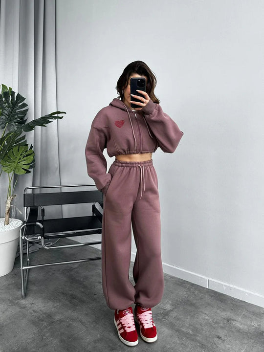 Damen lässiges Cropped Hoodie-Set mit weiten Jogginghosen Heidi-Mode