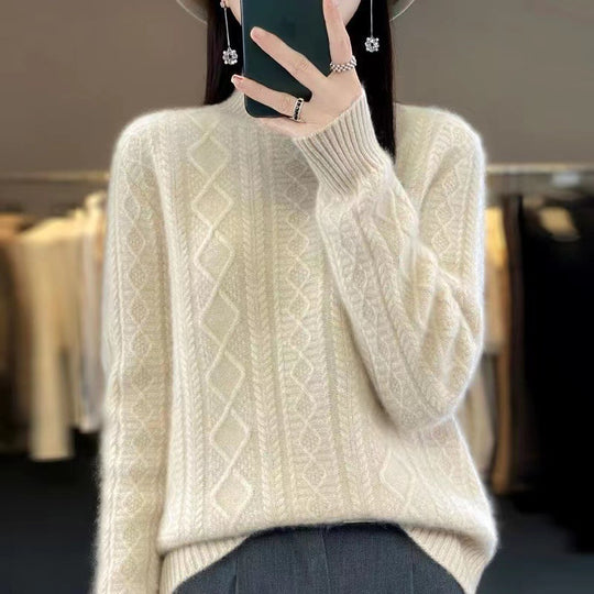 Damen Hochwertiger Strickpullover mit Stehkragen und Zopfdesign Heidi-Mode