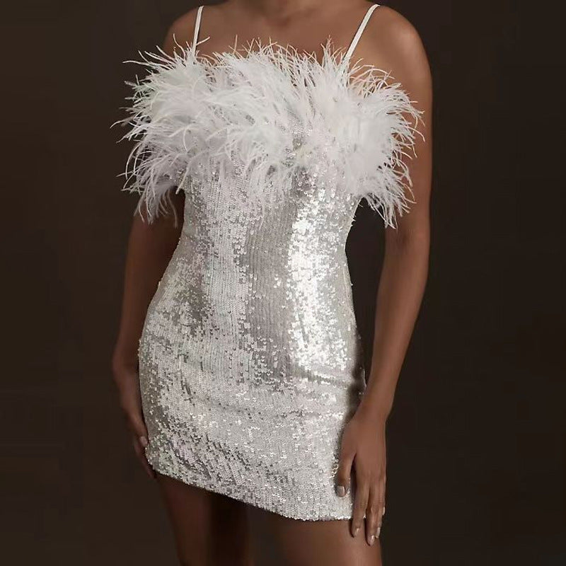 Damen Partykleid mit Pailletten und Federdetails Heidi-Mode