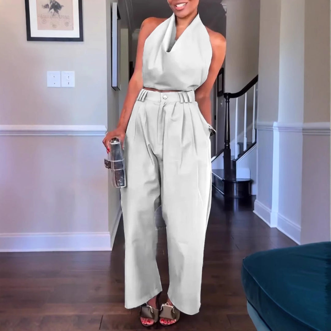 Damen Halterneck Satin Overall mit taillierten Hosen Heidi-Mode