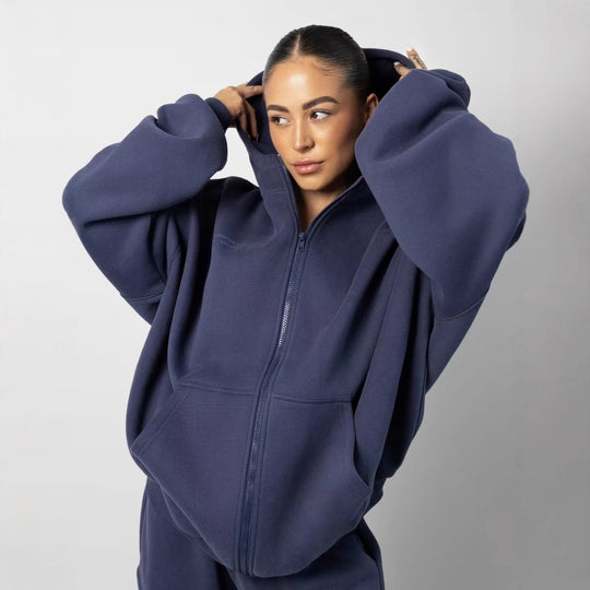 Damen oversized Fleece-Hoodie mit lässigem Reißverschluss und Kängurutaschen Heidi-Mode