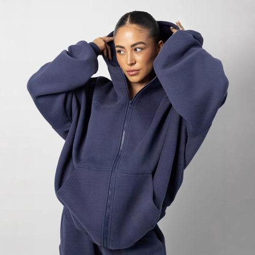 Damen oversized Fleece-Hoodie mit lässigem Reißverschluss und Kängurutaschen Heidi-Mode