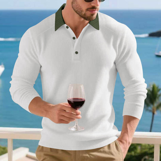 Herren Langarm Poloshirt mit strukturiertem Design und kontrastierendem Stehkragen Heidi-Mode