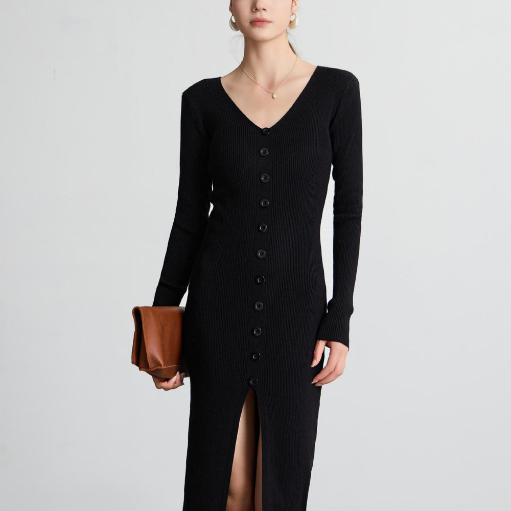 Damen Langärmliges Maxikleid mit Rippstruktur und Knopfdetail Heidi-Mode
