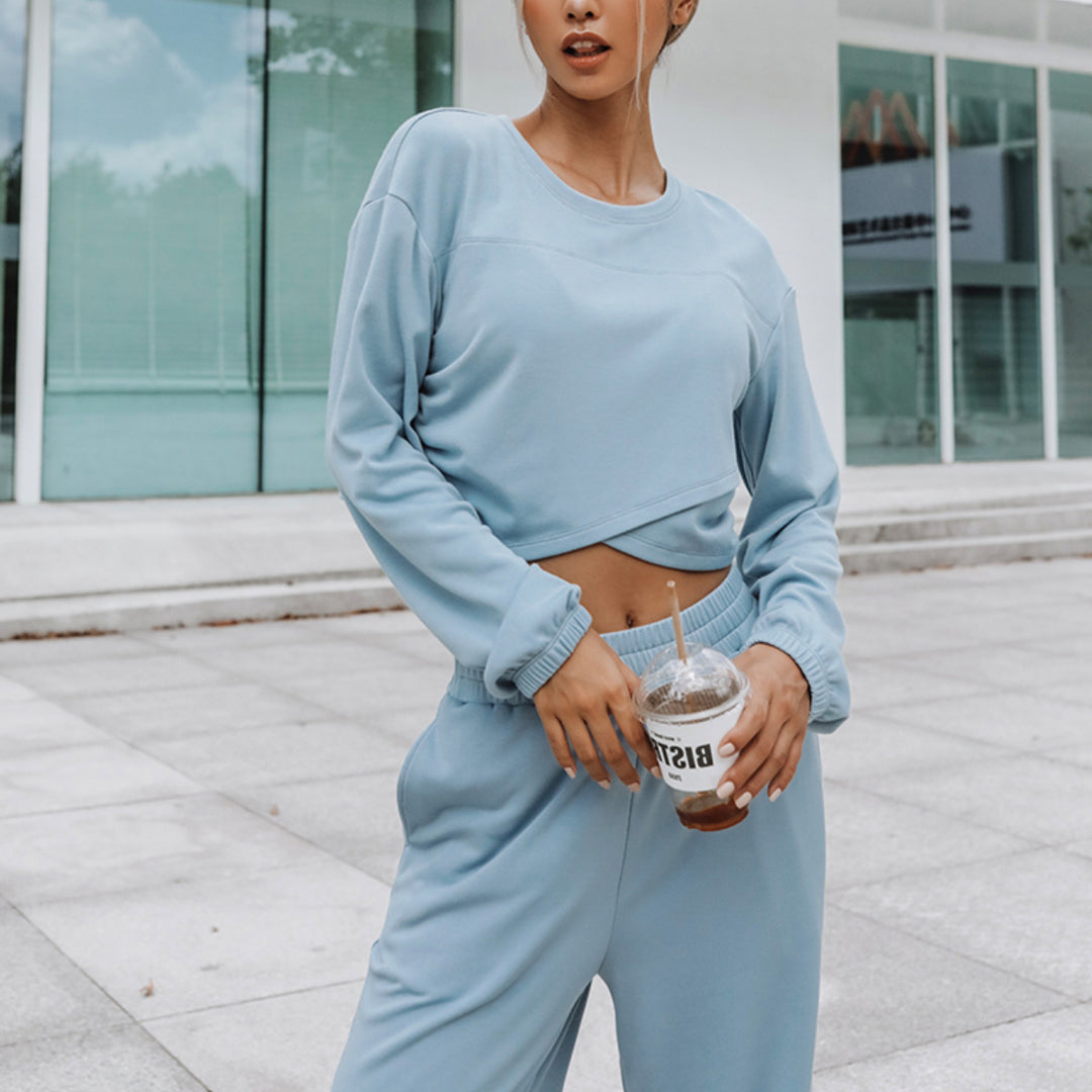 Damen lässiges Lounge-Set mit cropped Oberteil und weitem Hosen Heidi-Mode