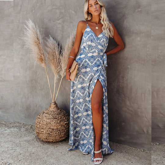 Damen elegantes Maxi-Kleid mit Chic-Wickel-design und seitlichem Schlitz Heidi-Mode