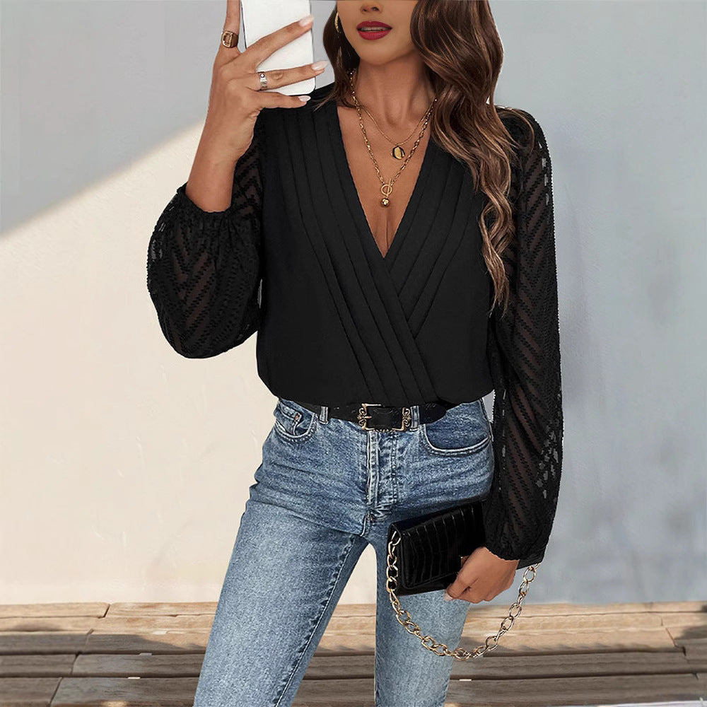 Damen elegantes Body mit voluminösen Ärmel und tiefem V-Ausschnitt Heidi-Mode