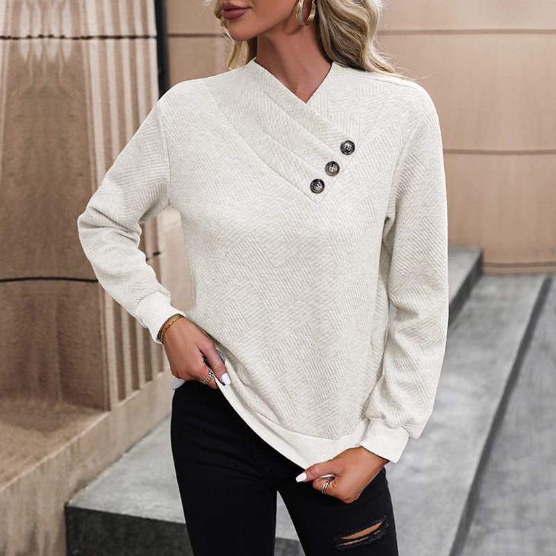 Damen eleganter Pullover mit asymmetrischem Ausschnitt und Knopfdetails Heidi-Mode