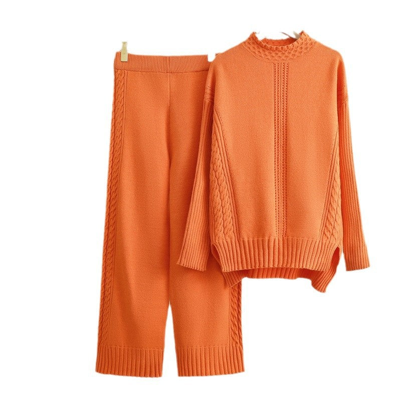 Damen komfortables Strick-Loungewear-Set mit hohen Bündchen und dekorativen Zopfmustern Heidi-Mode