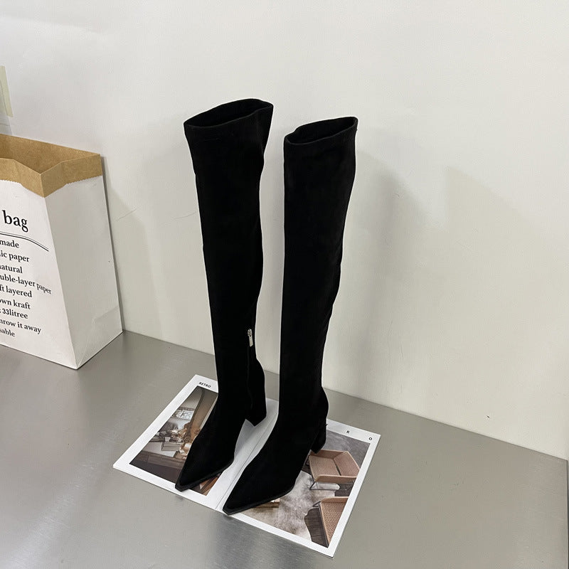 Heidi-Mode | Chunky Heel Hohe Stiefel Lange Wildleder Reißverschluss Stretch Dünn