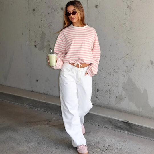 Damen lässiger gestreifter Crop-Pullover mit Kordelzug Heidi-Mode