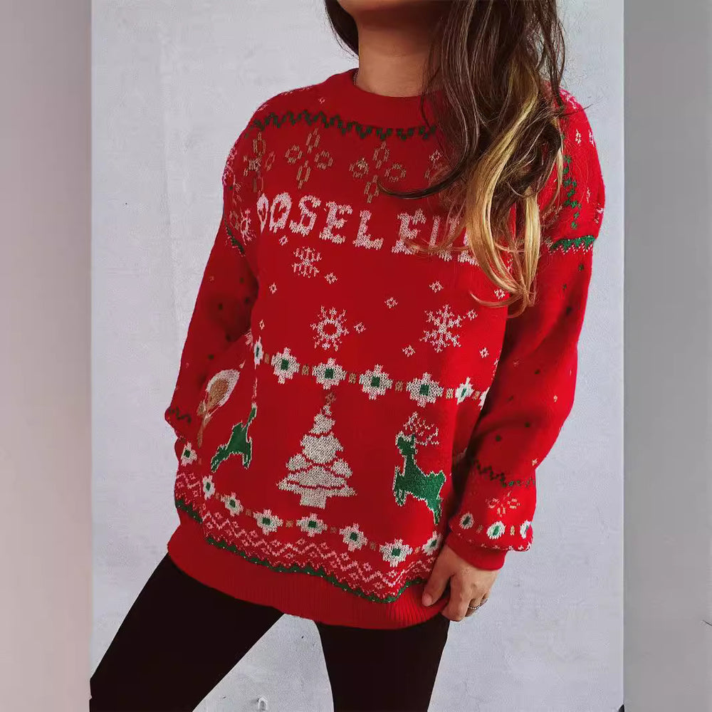 Damen Weihnachts-Pullover mit festlichem Motiv und Rundhalsausschnitt Heidi-Mode