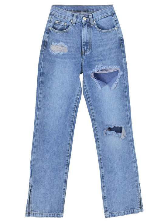 Damen lässige Ripped Jeans mit hoher Taille und modernen Fransen Heidi-Mode