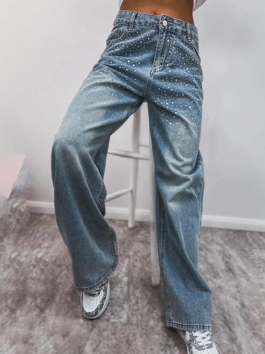 Damen Denim-Hose mit funkelnden Strass-Applikationen Heidi-Mode