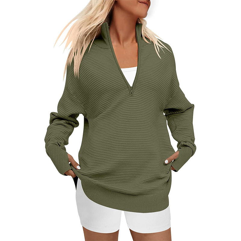 Damen Oversized Pullover mit Stehkragen und Reißverschluss Heidi-Mode