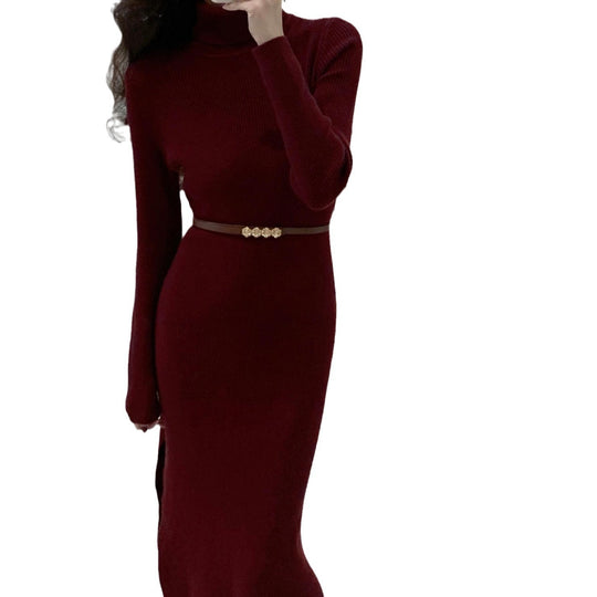 Femme Rippstrick Rollkragen Maxikleid mit elegantem Gürtel Heidi-Mode