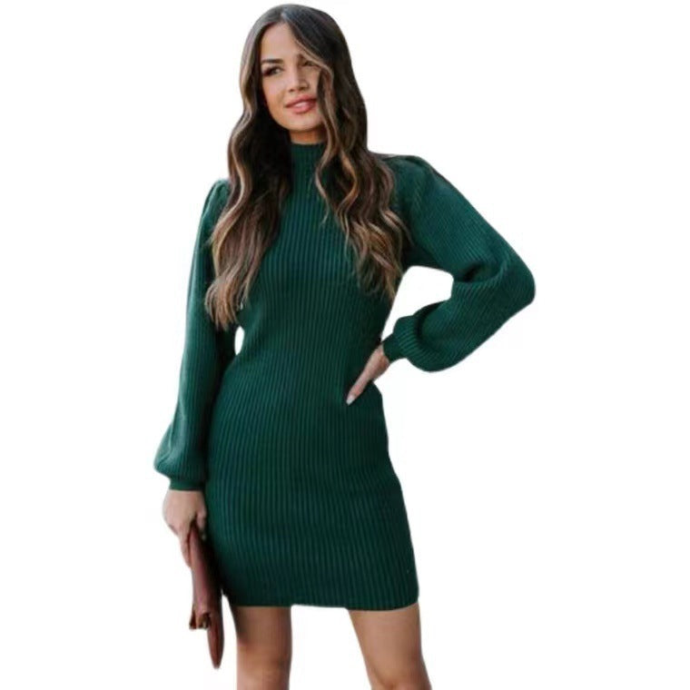 Damen Strickkleid mit hohem Kragen und Puffärmeln Heidi-Mode