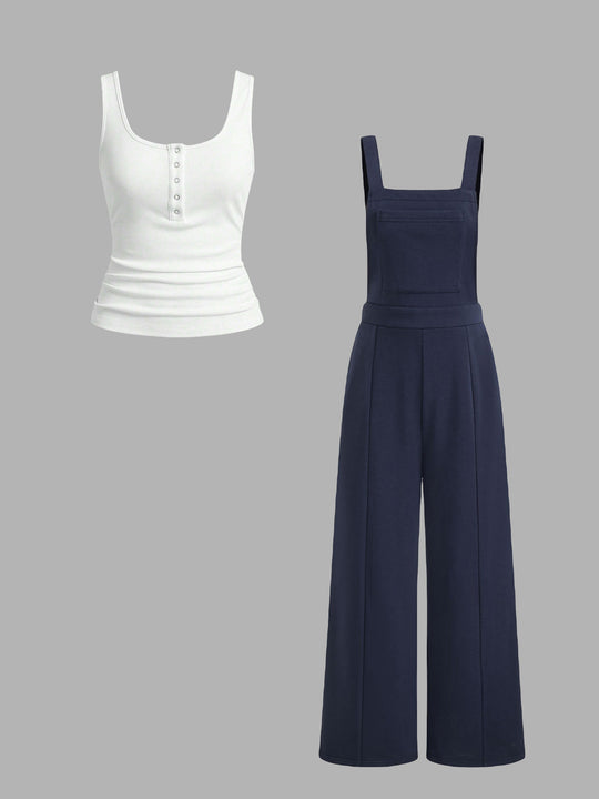 Damen lässiger Tank-Top und weit geschnittenen Latzhose Set Heidi-Mode