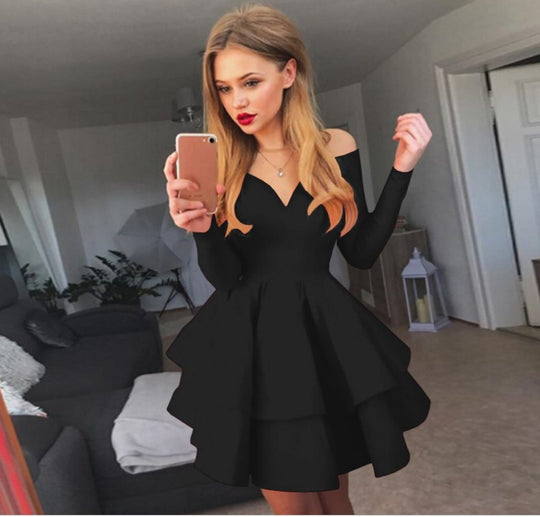 Damen Verspieltes schulterfreies Cocktailkleid mit Volants und tiefem V-Ausschnitt Heidi-Mode