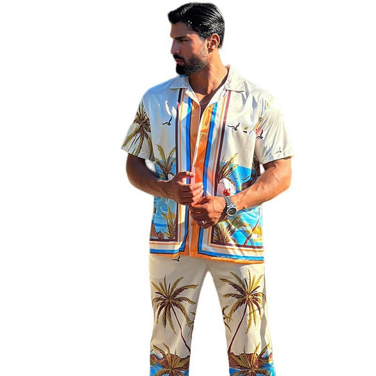Herren Strandhemd und Hose im tropischen Palmen-Design mit kurzärmligem Schnitt Heidi-Mode