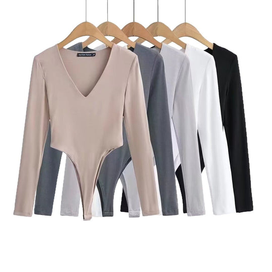 Damen figurbetontes Langarmbodysuit mit tiefem V-Ausschnitt Heidi-Mode