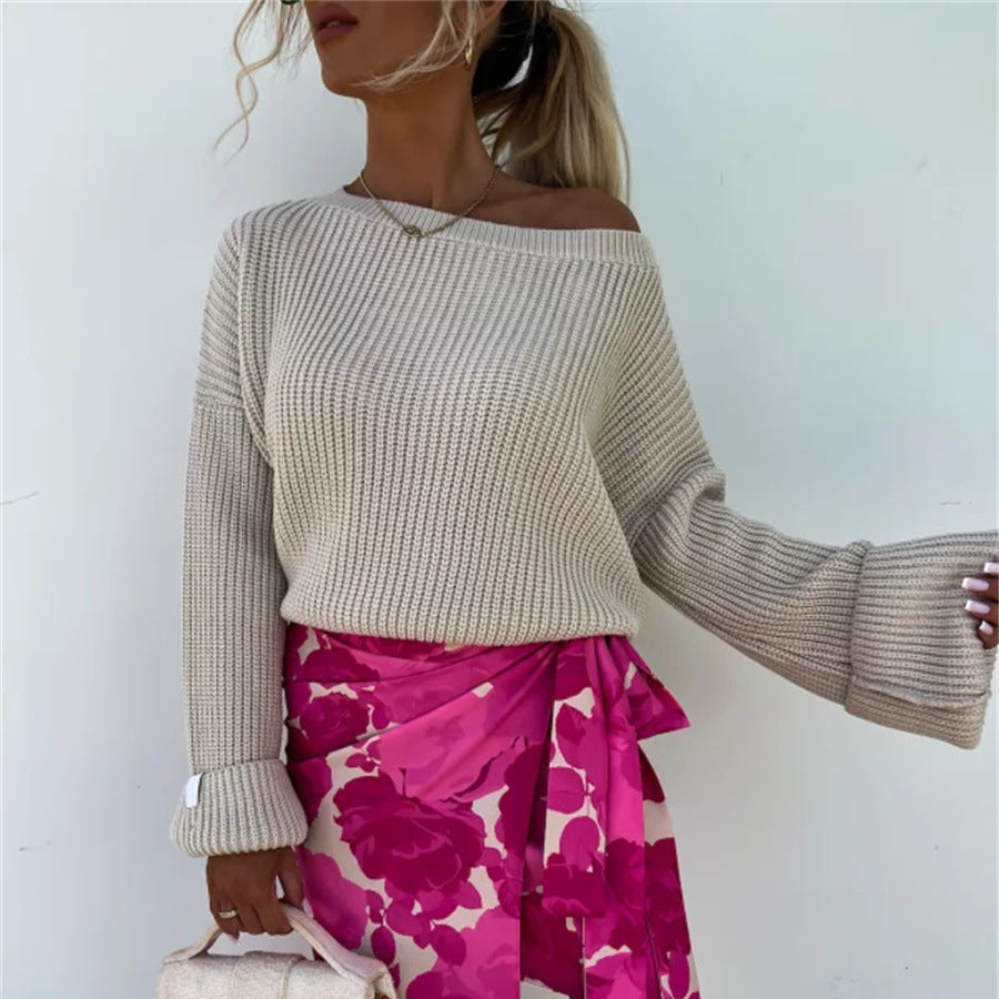 Damen gemütlicher Strickpullover mit weitem Schnitt und offener Schulter Heidi-Mode