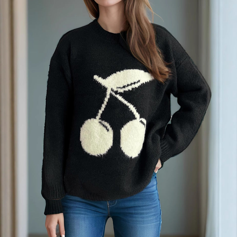 Damen Pullover mit verspieltem Kirschmotiv und weichem Strick Heidi-Mode