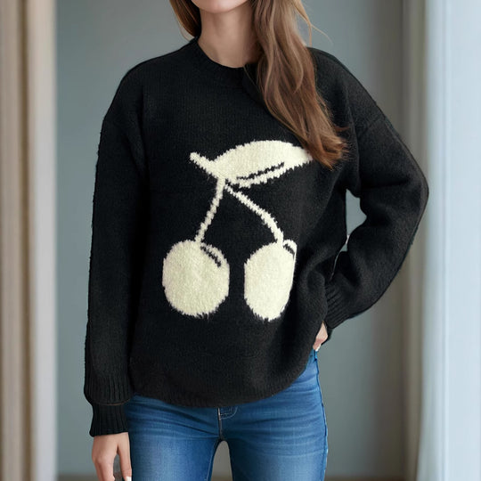 Damen Pullover mit verspieltem Kirschmotiv und weichem Strick Heidi-Mode