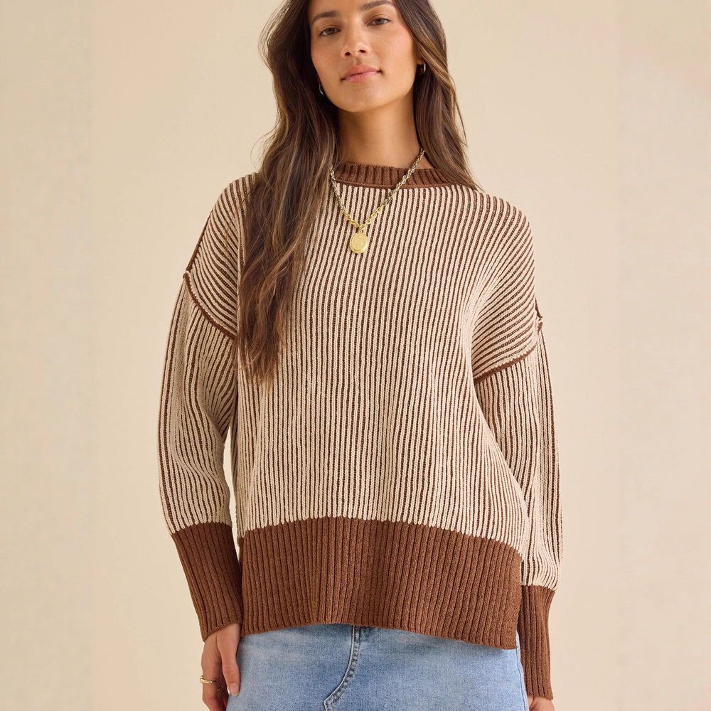 Damen lässiger Strickpullover mit modernem Rippenmuster und überschnittenen Schultern Heidi-Mode