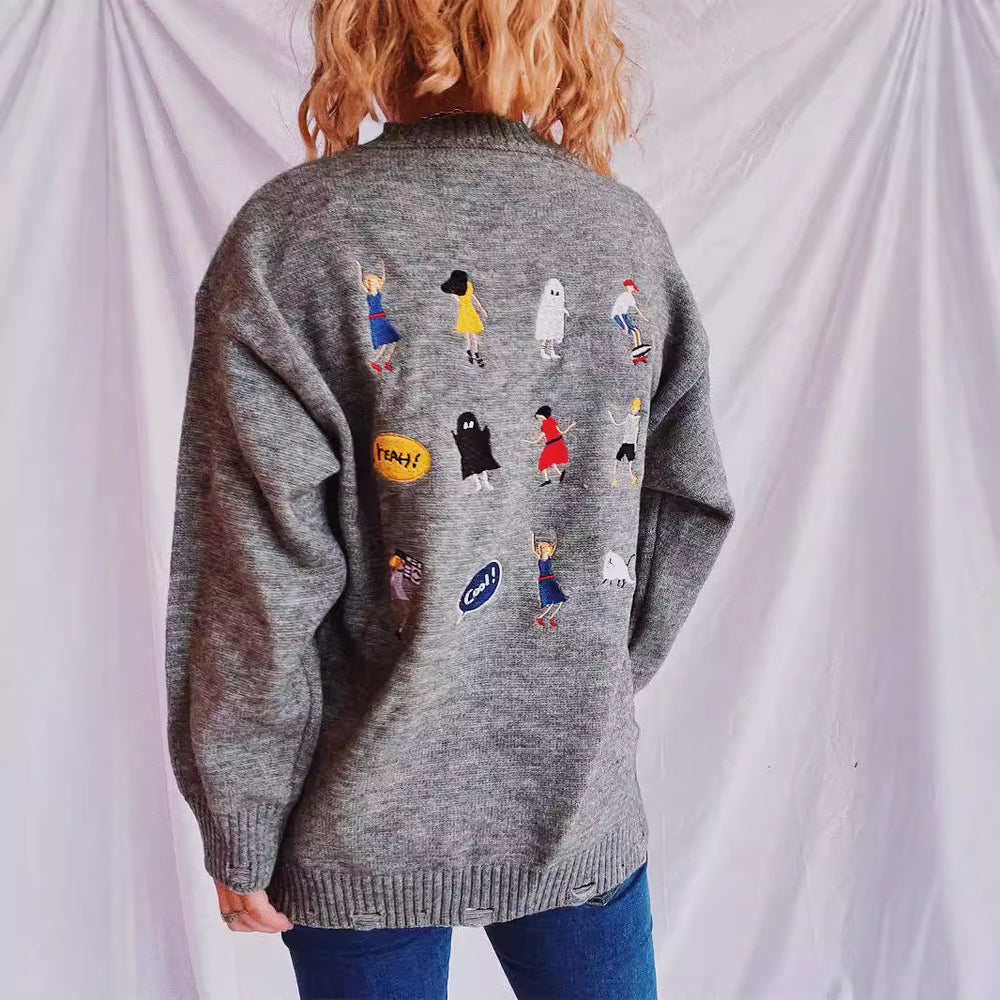 Damen pullover mit bunten Stickmotiven und lässigem Schnitt Heidi-Mode