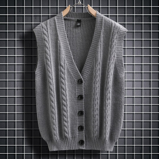 Herren ärmellose Strickjacke mit Zopfmuster und Knopfdetails Heidi-Mode